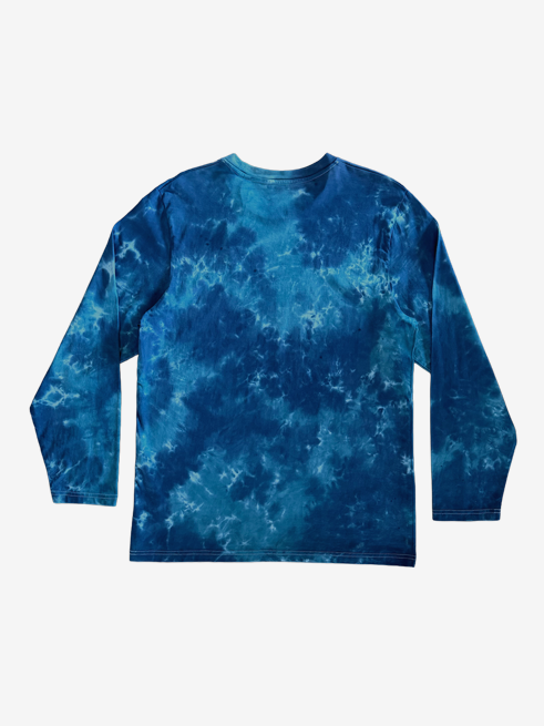 A long-sleeve crewneck shirt with an all-over blue, navy tie-dye pattern, displayed flat against a light gray background.