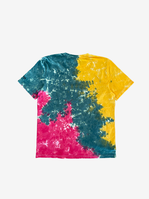 A short-sleeve crewneck t-shirt with a vibrant tie-dye pattern, featuring large blocks of green, yellow, and green on a light gray background.