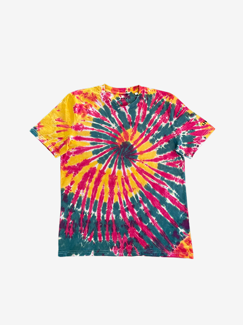 A short-sleeve crewneck tie-dye t-shirt featuring a vibrant spiral pattern in yellow, red and green, laid flat against a light gray background.