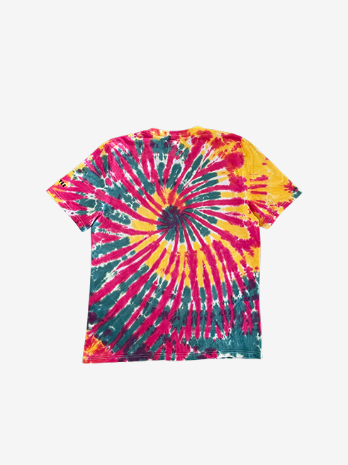 A short-sleeve tie-dye T-shirt with a vibrant spiral pattern in red, yellow, and green, displayed flat against a light gray background.