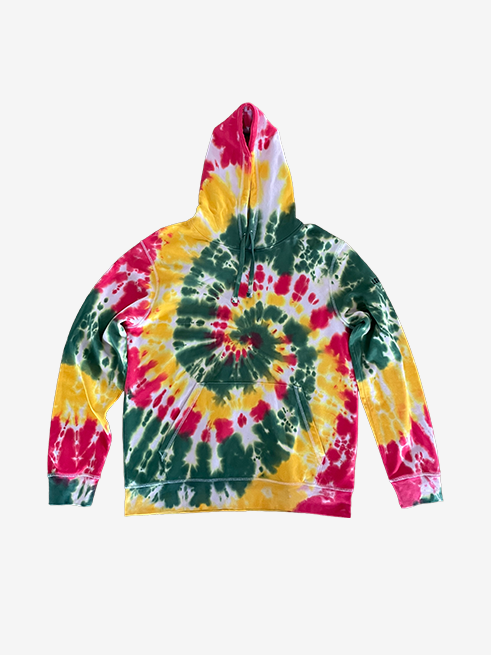 A long-sleeve tie-dye hoodie shown flat against a light gray background. The hoodie features a vibrant spiral tie-dye pattern with green, yellow and red.