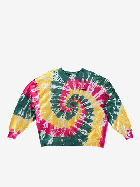 A long-sleeve crewneck sweatshirt featuring a vibrant spiral tie-dye pattern in green, yellow, and red, displayed flat against a light gray background.