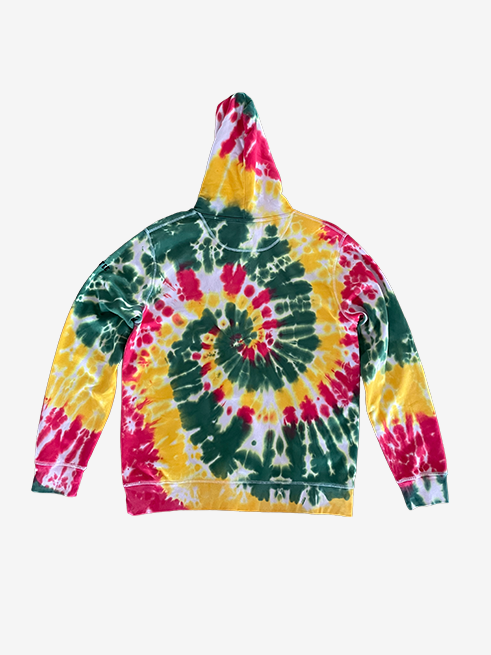 A tie-dye pullover hoodie with a vibrant spiral pattern in green, yellow, and red, shown flat against a light gray background.