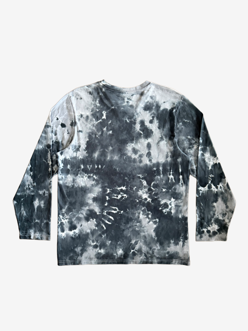 A long-sleeve crewneck shirt with an all-over black and grey tie-dye splash pattern, shown flat against a light gray background.