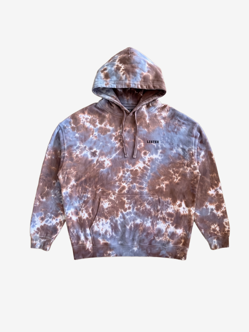 A tie-dye pullover hoodie with a brown, grey, and white marbled pattern, featuring a small black 'LISTEE' logo on the left chest, displayed against a solid off-white background.