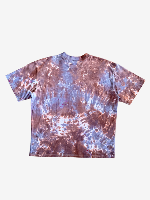 A short-sleeve crewneck t-shirt with a brown tie-dye pattern, shown flat against a light gray background.