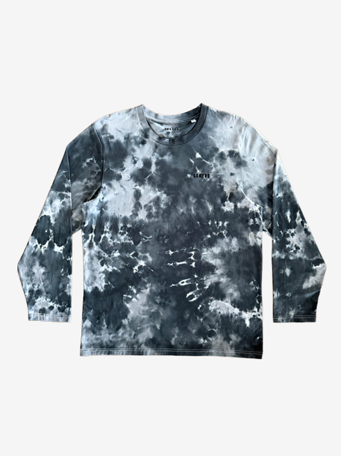 A long-sleeve crewneck shirt featuring a dark gray and black tie-dye pattern, with a small black 'LISTEE' logo on the chest, displayed flat against a light gray background.